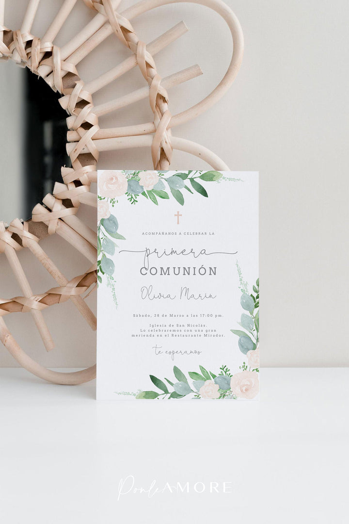 Invitación para Comunión Eucalipto y Rosas freeshipping - Ponle Amore