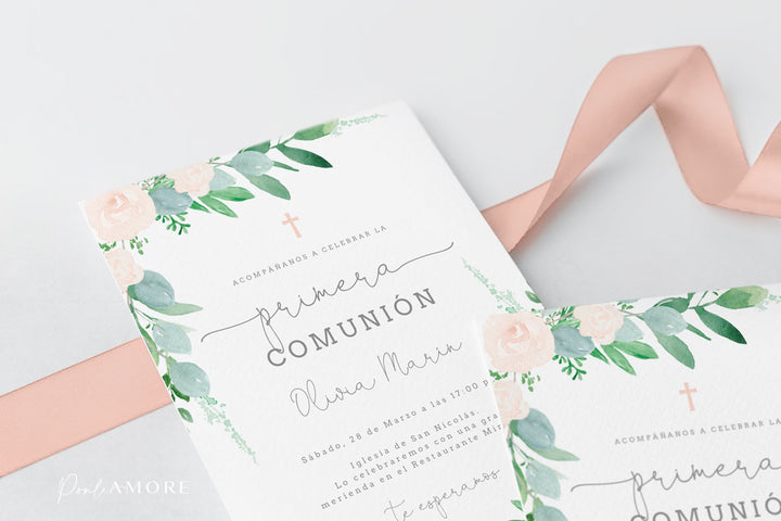 Invitación para Comunión Eucalipto y Rosas freeshipping - Ponle Amore