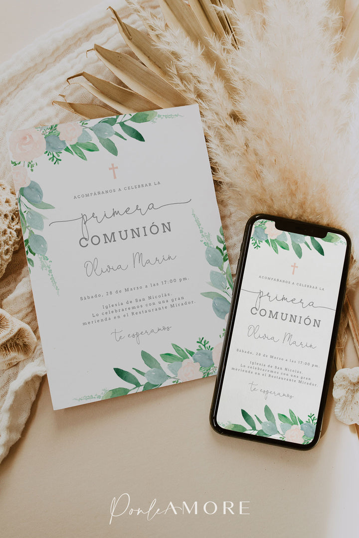Invitación para Comunión Eucalipto y Rosas