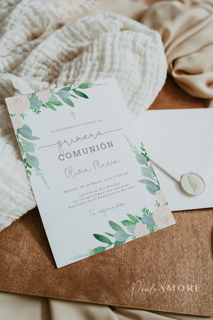 Invitación para Comunión Eucalipto y Rosas