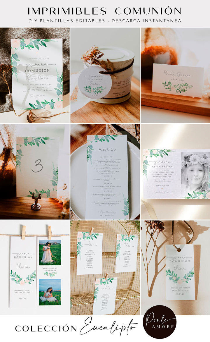 Invitación para Comunión Eucalipto y Rosas freeshipping - Ponle Amore