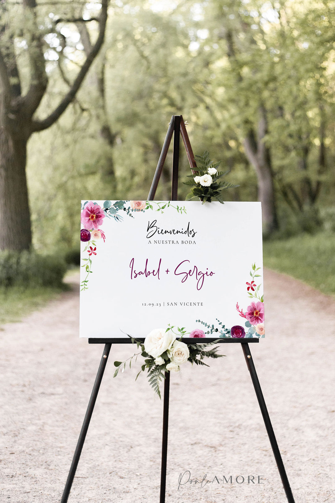 cartel bienvenida boda flores